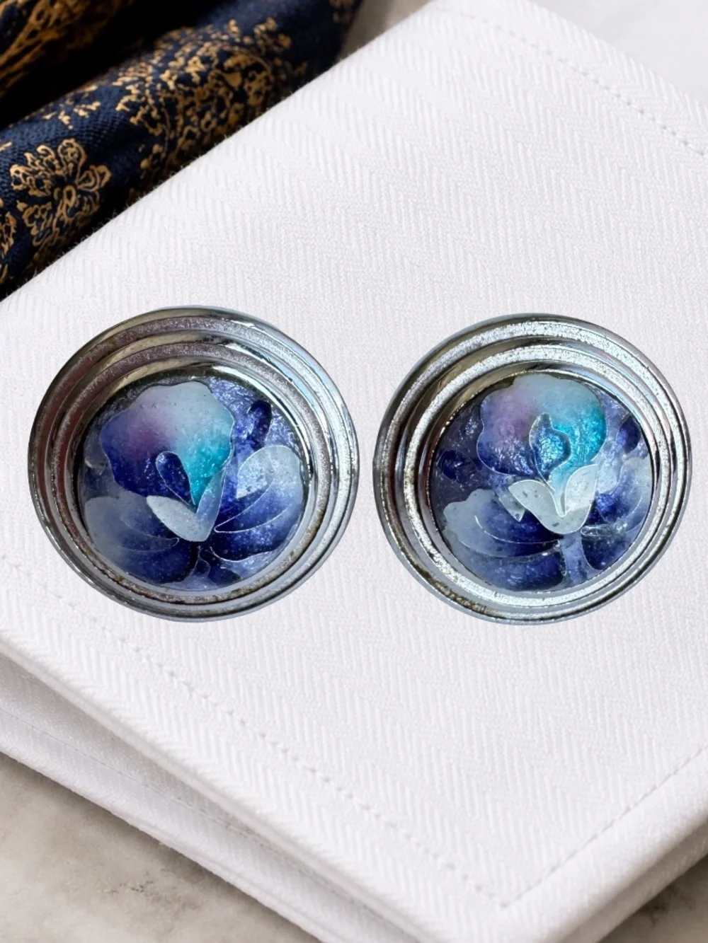 Japanese Cloisonne Cufflinks Blue White Floral Enamel Vintage Wedding Suits Wear